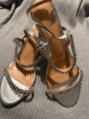 Silver Crystal Embellished Women's Heeled Sandals